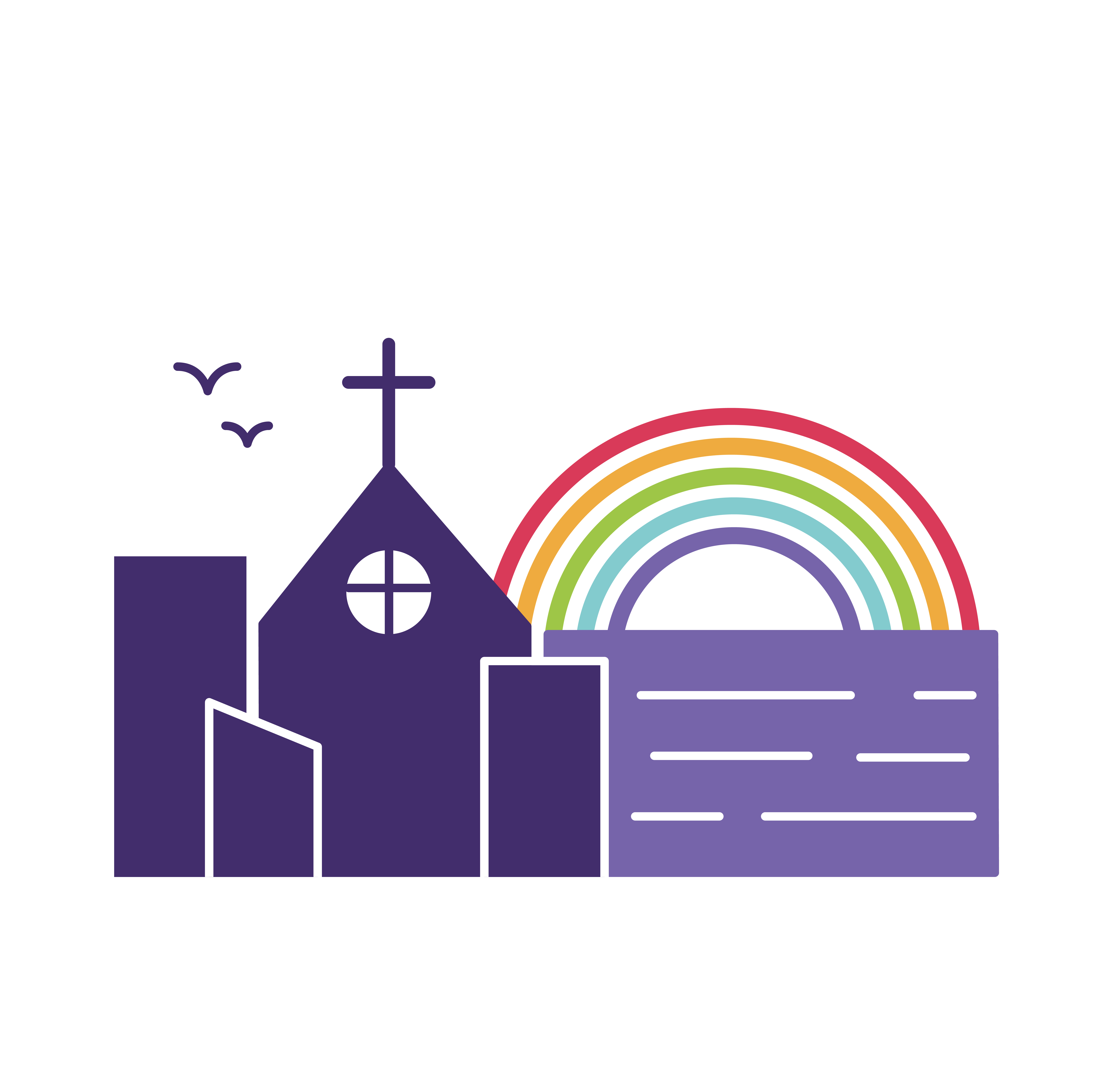 Silhuett av en kyrka med en regnbåge bakom.