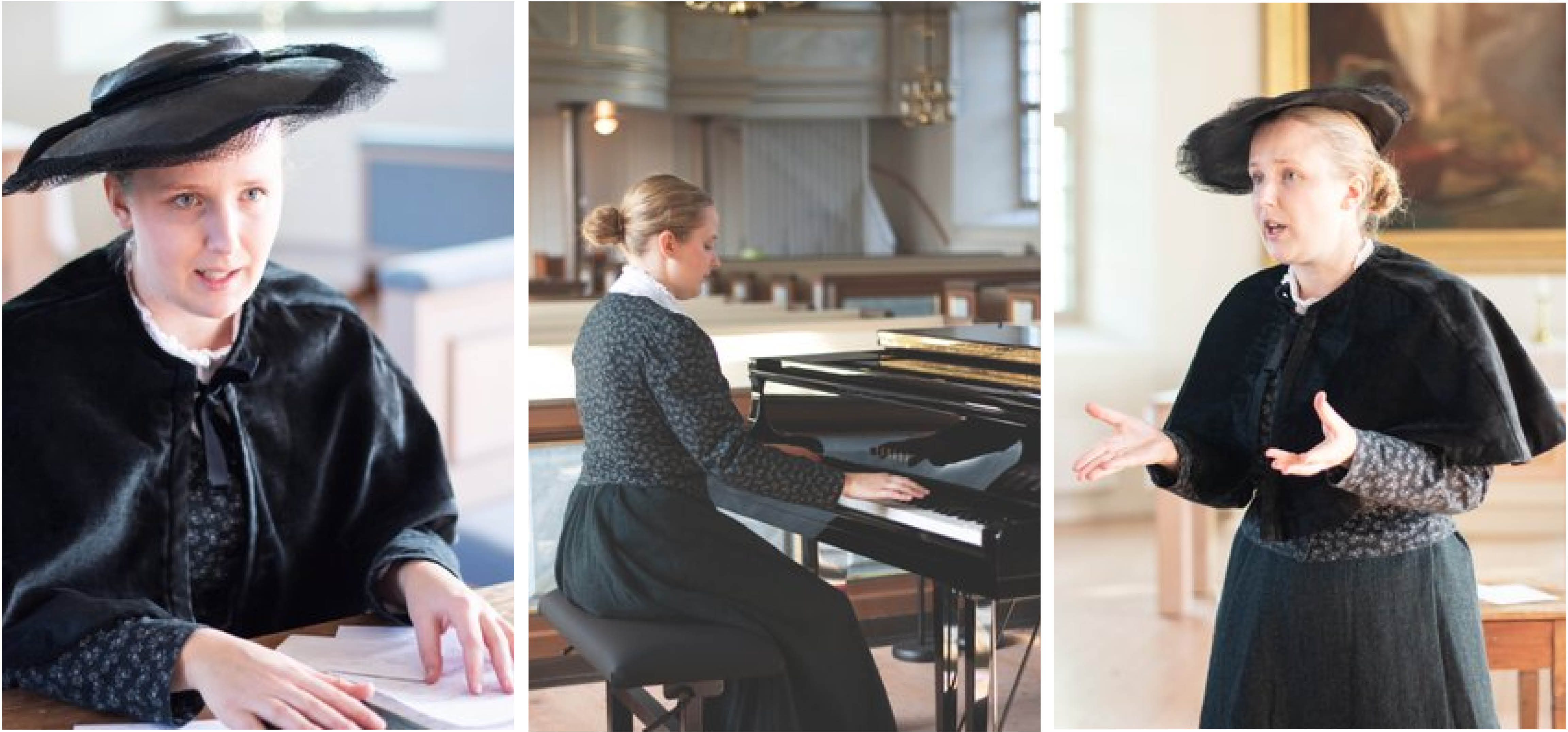 Bild med tre kvinnor. En med hatt och med händer på papper på ett bord. En spelande på orgel/piano. En där hon står och gestikulerar med händerna.
