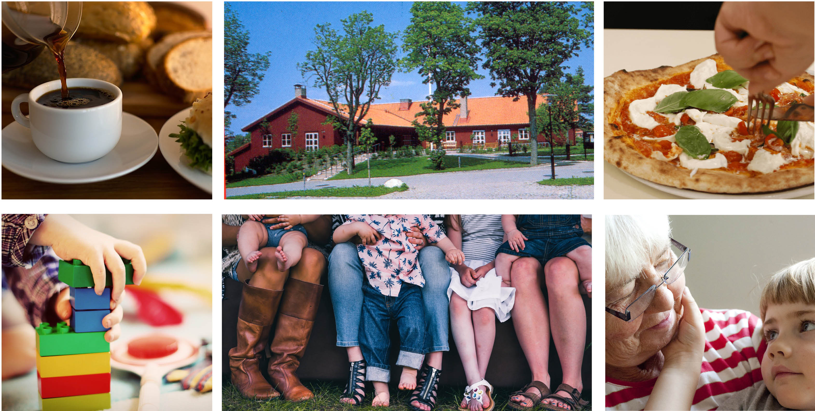 En bild med flera små bilder: kaffekopp, Mathiasgården. Våfflor. Leksaker m m. 