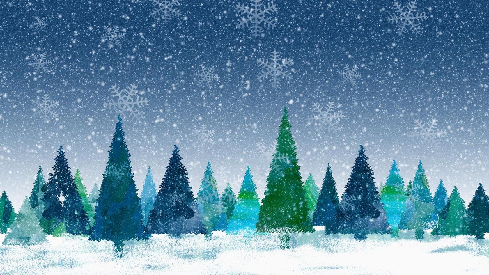 Tecknad bild av snö, granar och snöflingor.
