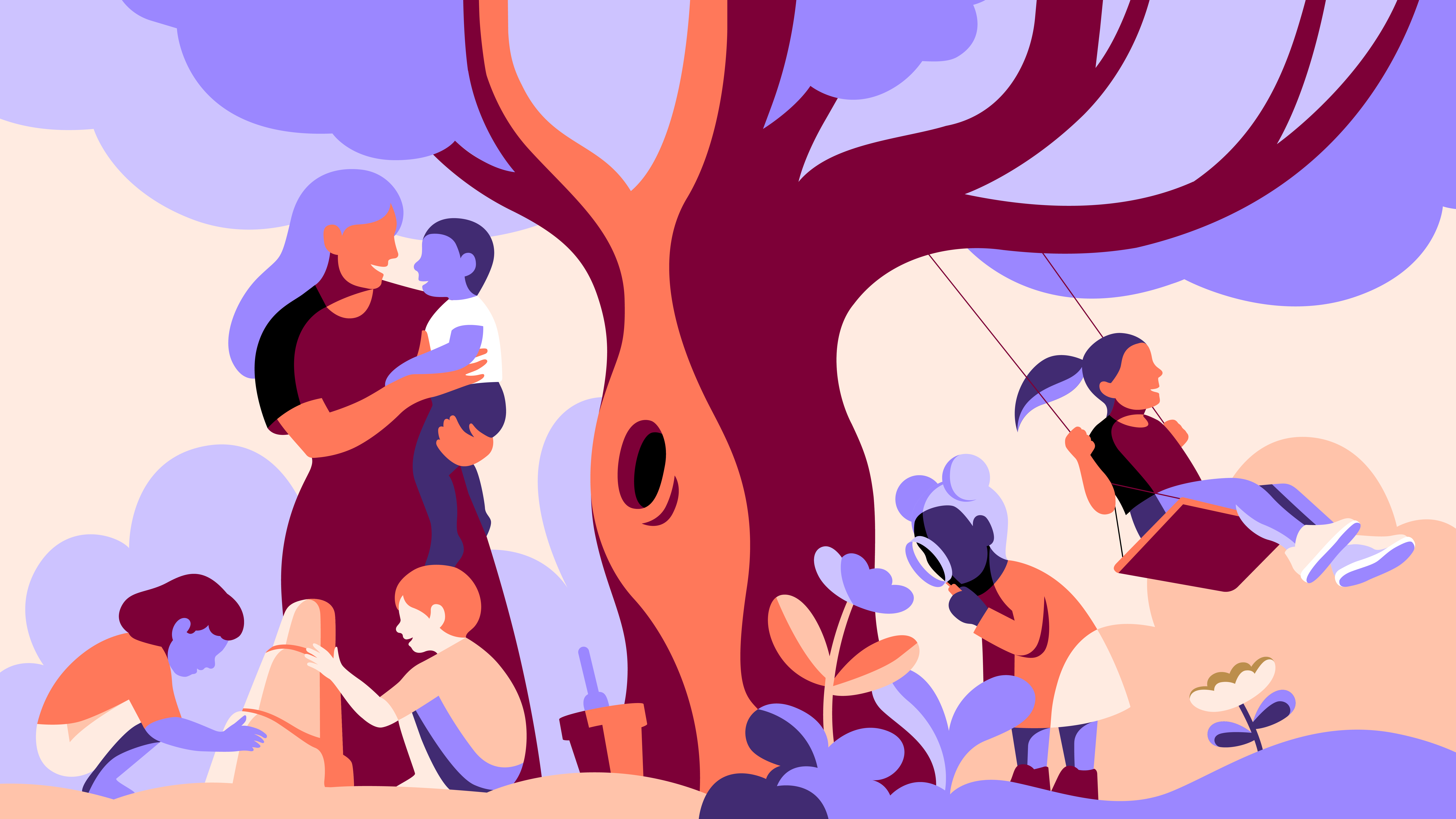 Illustration med kvinna som står vid ett träd och håller ett barn i famnen. Ett barn gunga ett tittar i förstoringsglas på en blomma.