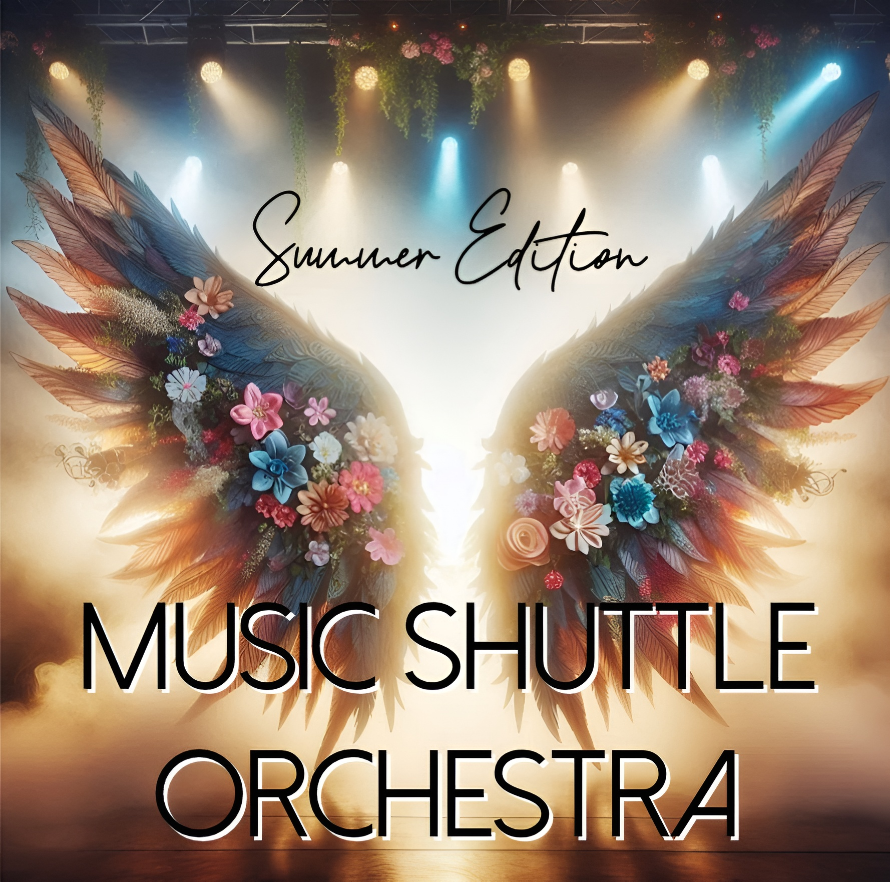 Music Shuttle Orchestra, bild på två vingar med blommor på, scenbelysning bakom