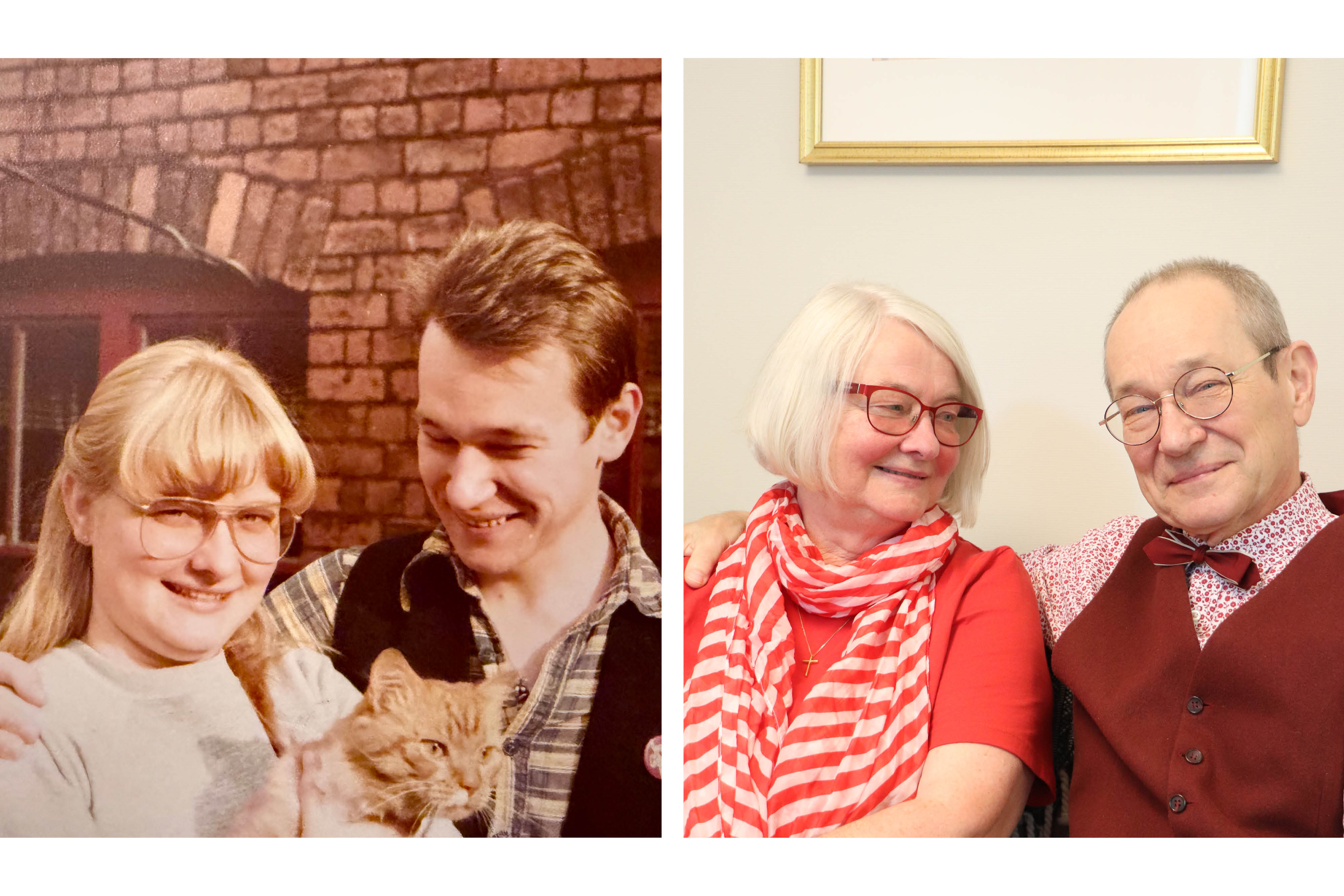 Ett gammalt foto av ett par och en katt. Ett aktuellt foto på paret idag, drygt 40 år senare.