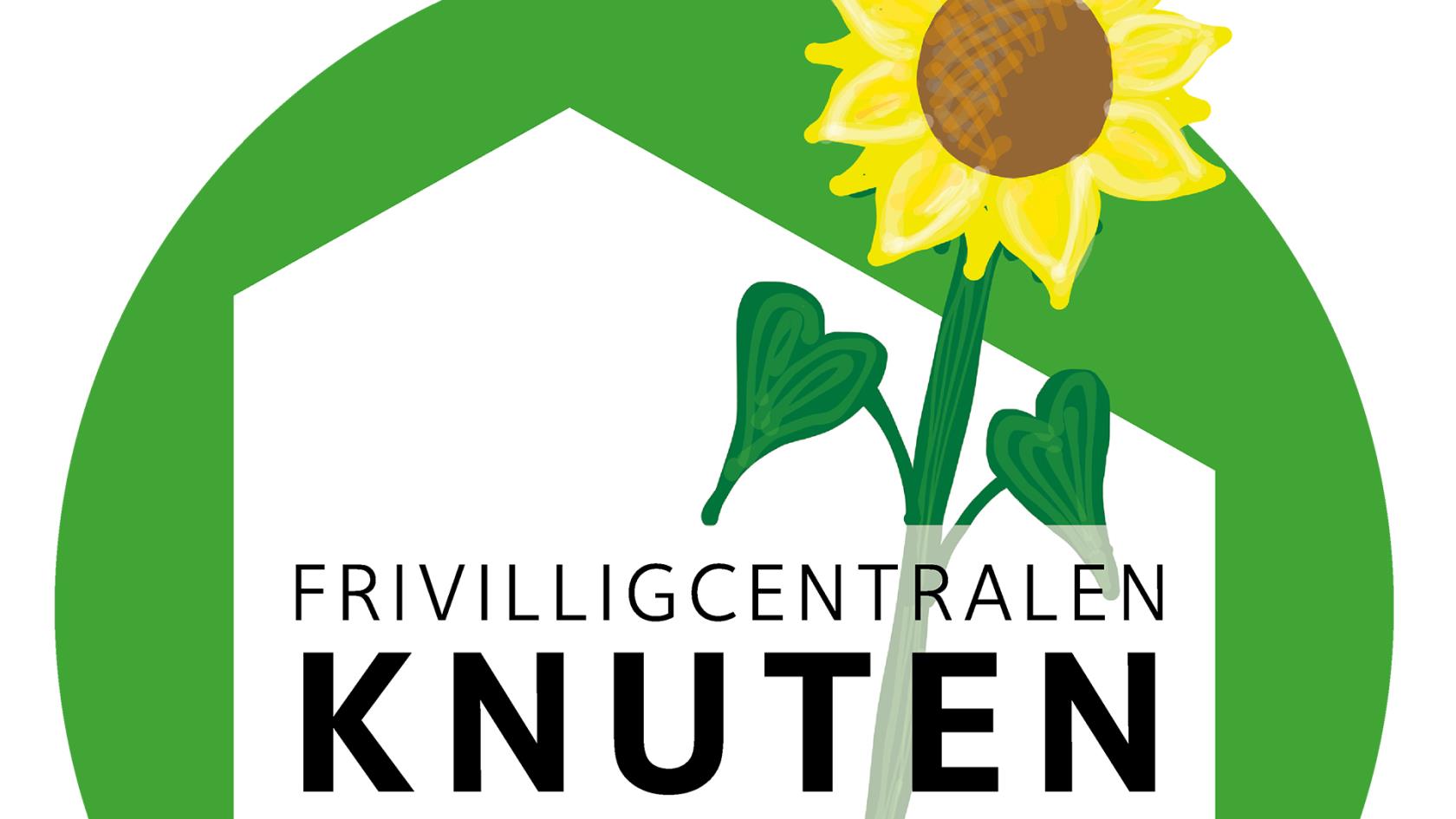 Logotyp Frivilligcentralen Knuten: Härlanda kyrka i bakgrunden och i förgrunden en solros.