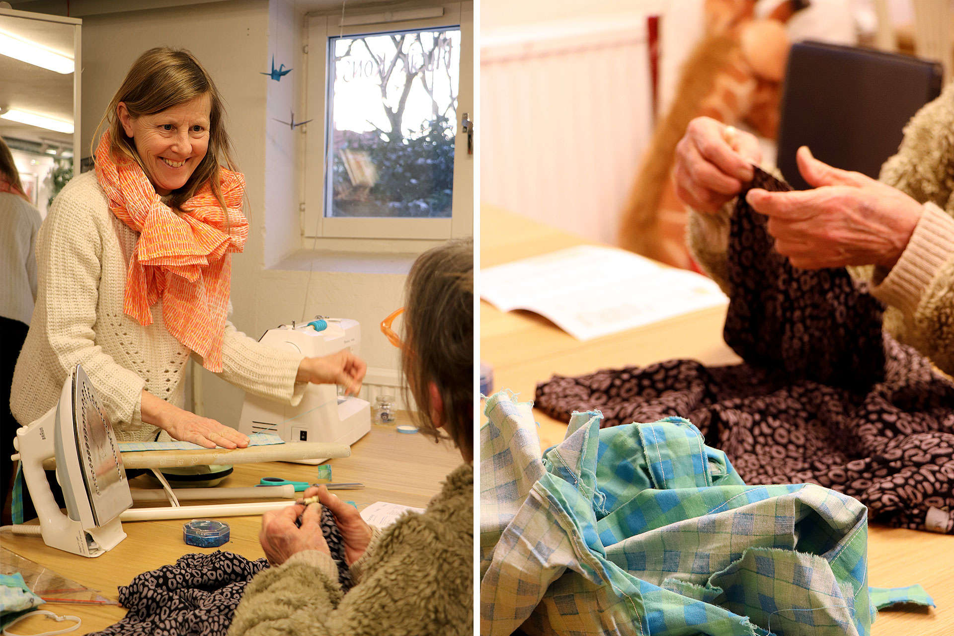 Ett foto på Monika med symaskin och foto på händer som arbetar med nål och tråd. 