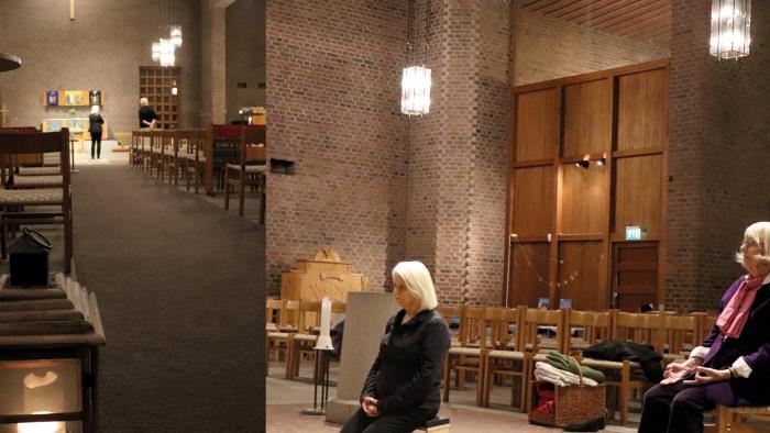 Kollage med ljuslykta vid kyrkans mittgång samt två personer i meditation i kyrkorummet.