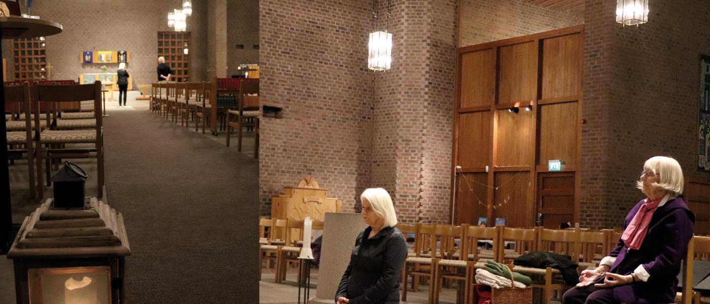 Kollage med ljuslykta vid kyrkans mittgång samt två personer i meditation i kyrkorummet.