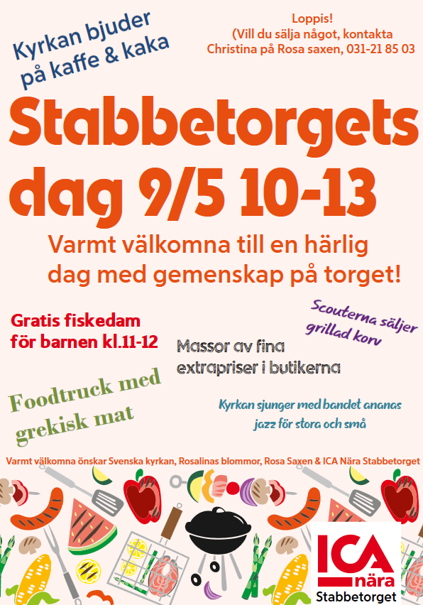 En affisch med programpunkter den 9 maj kl 10-13: Fiskdamm, Foodtruck, Loppis, Grillad korv, Fika, Musik och massor av extrapriser.
