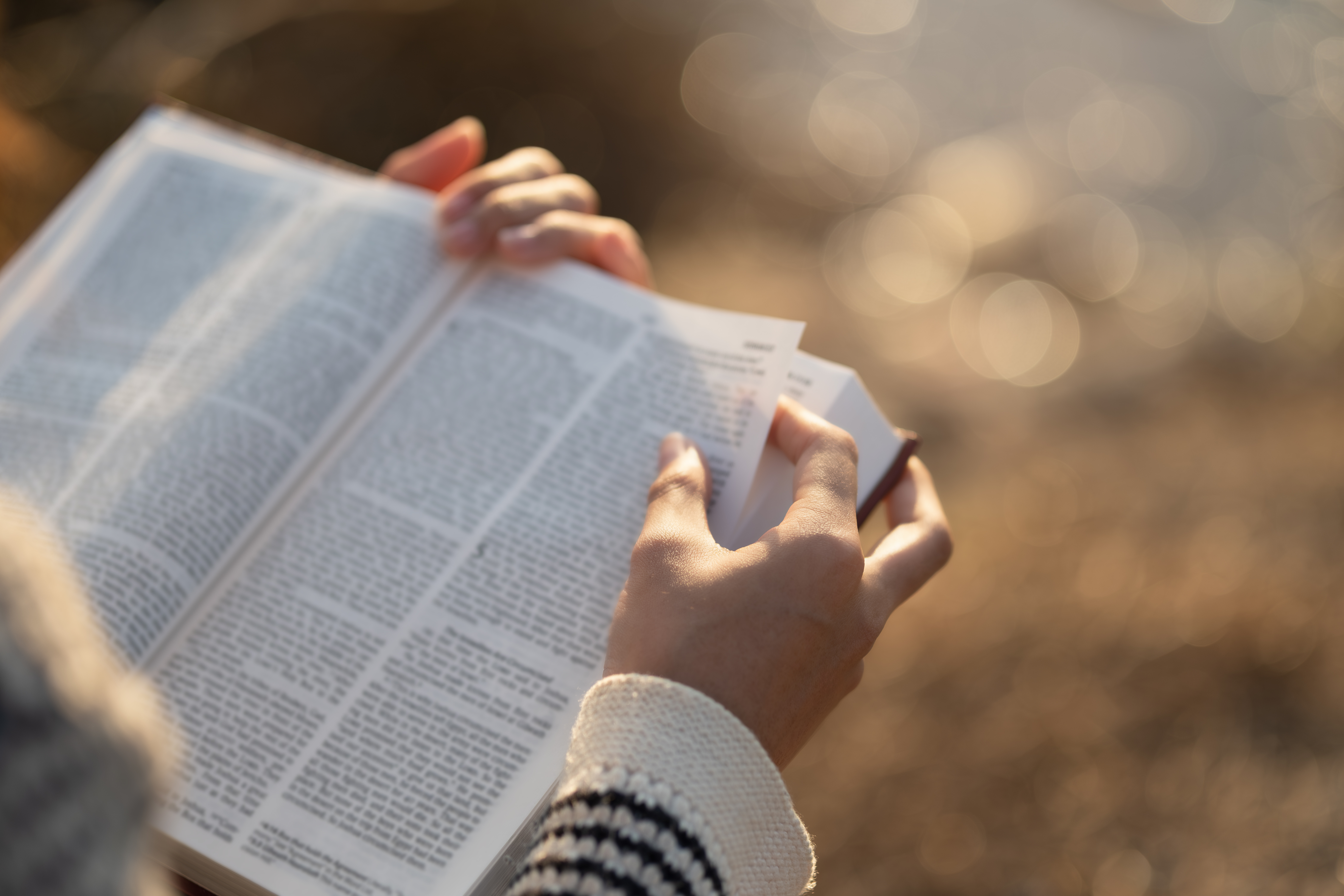 Närbild på händer som håller i en bibel, i utomhusmiljö.