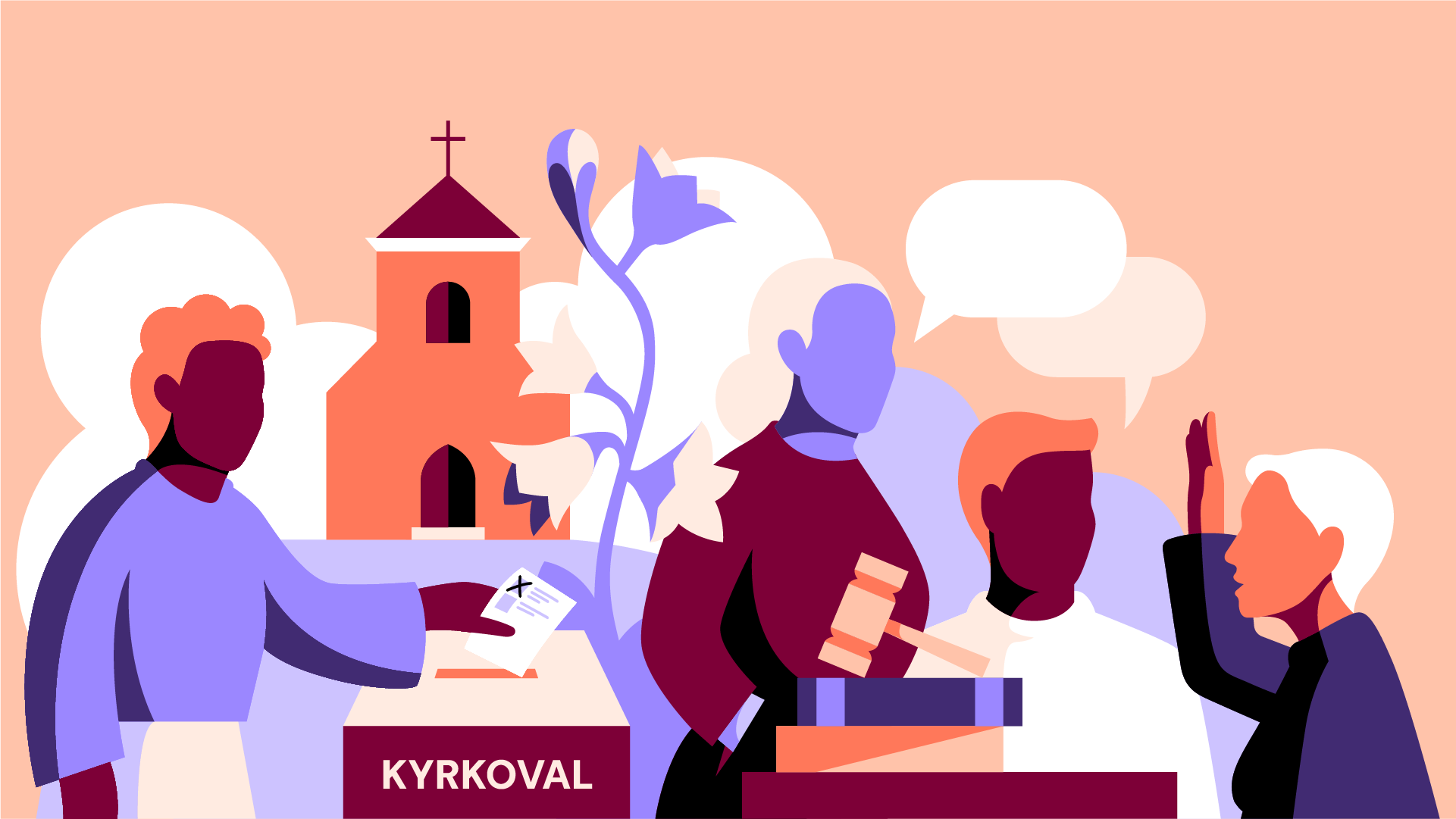 Illustration av kyrkoval utanför en kyrka.
