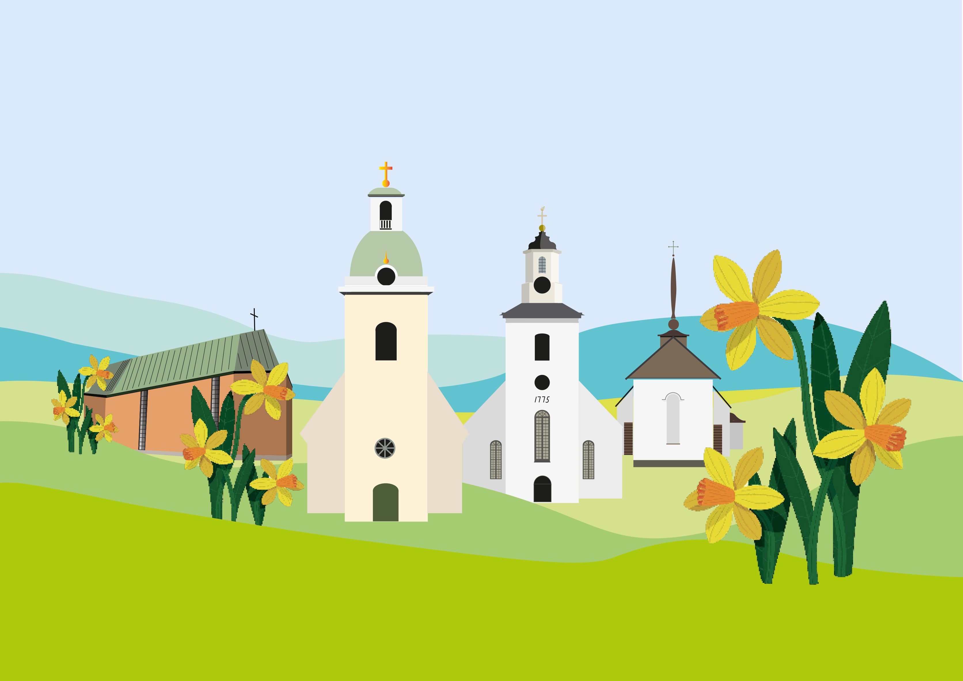 Illustration av pastoratets kyrkor omgivna av påskliljor.