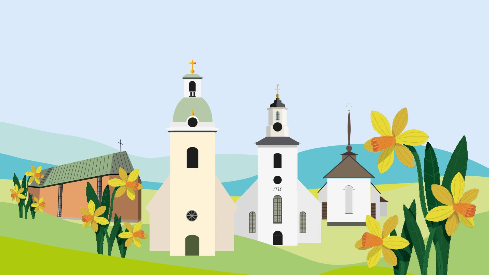 Illustration av pastoratets kyrkor omgivna av påskliljor.