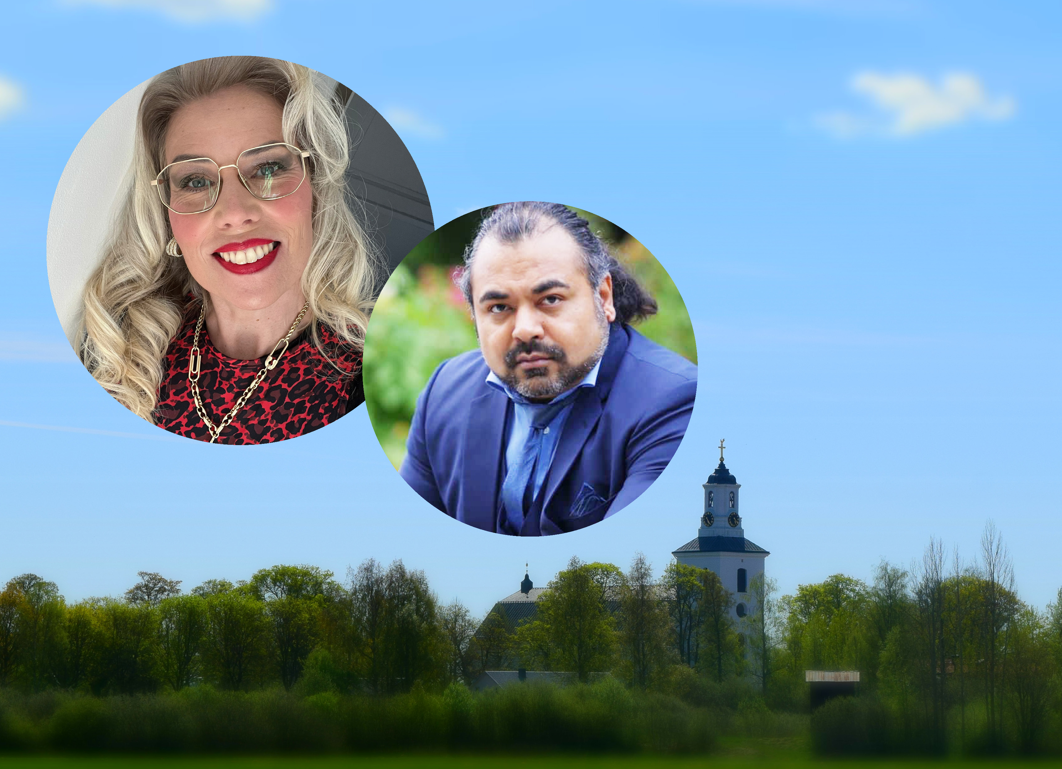 Bild på Hedesunda kyrka samt operasångarna Matilda Orrling och John Haque