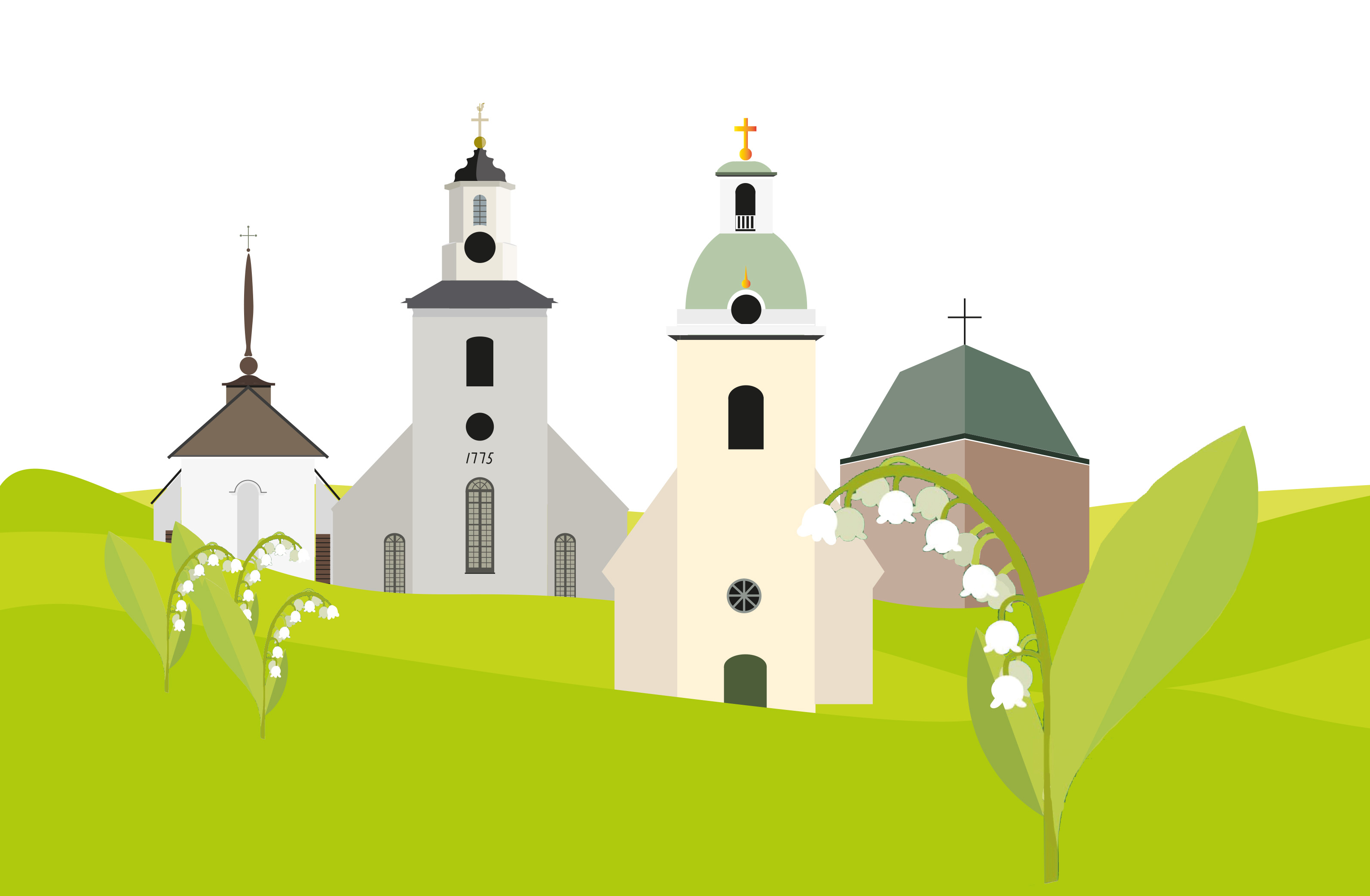 Ilustrerade kyrkor i pastoratet med landskapsblomman, Liljekonvalj.