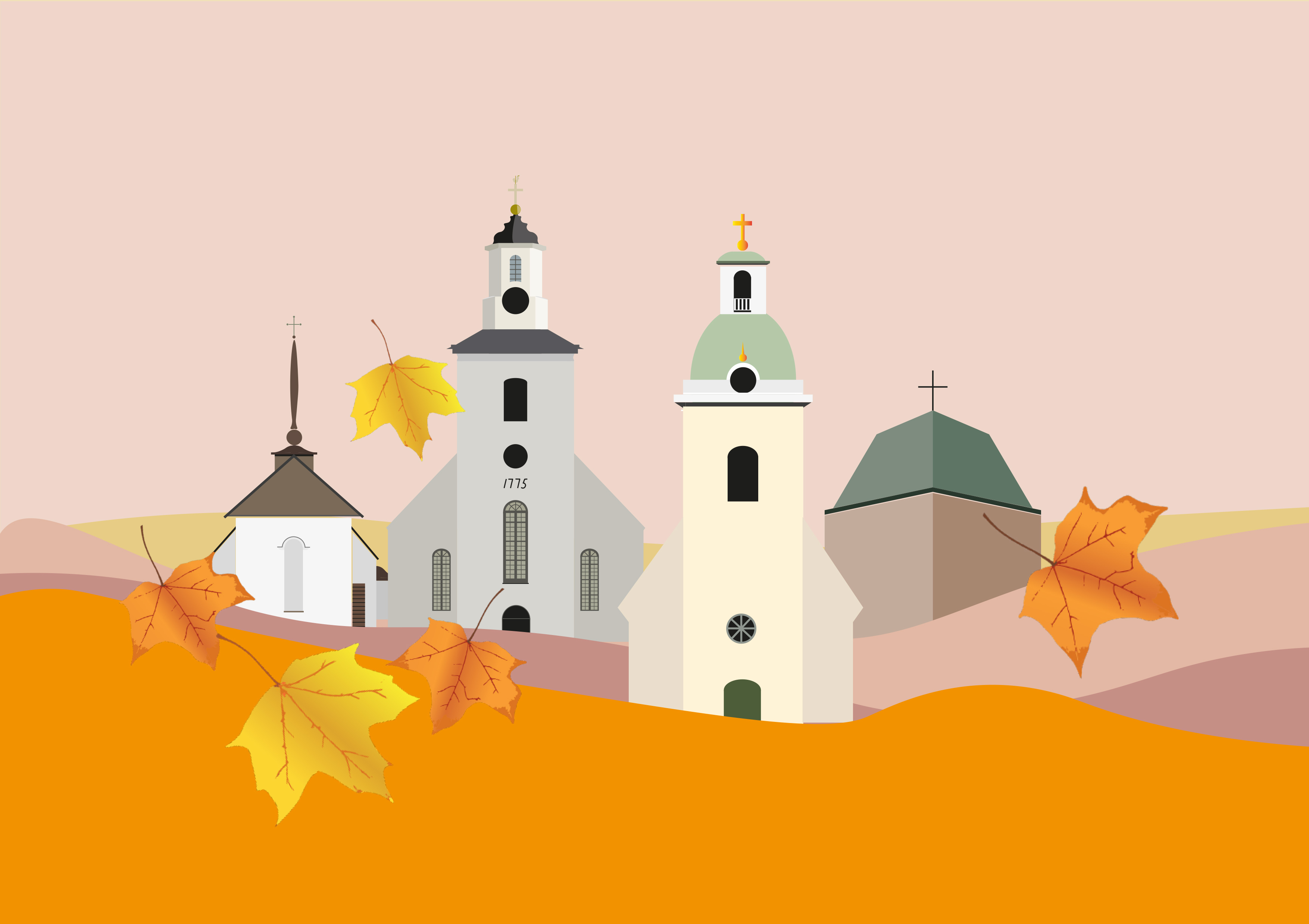 Illustration av alla kyrkor omgivna av höstens färger.