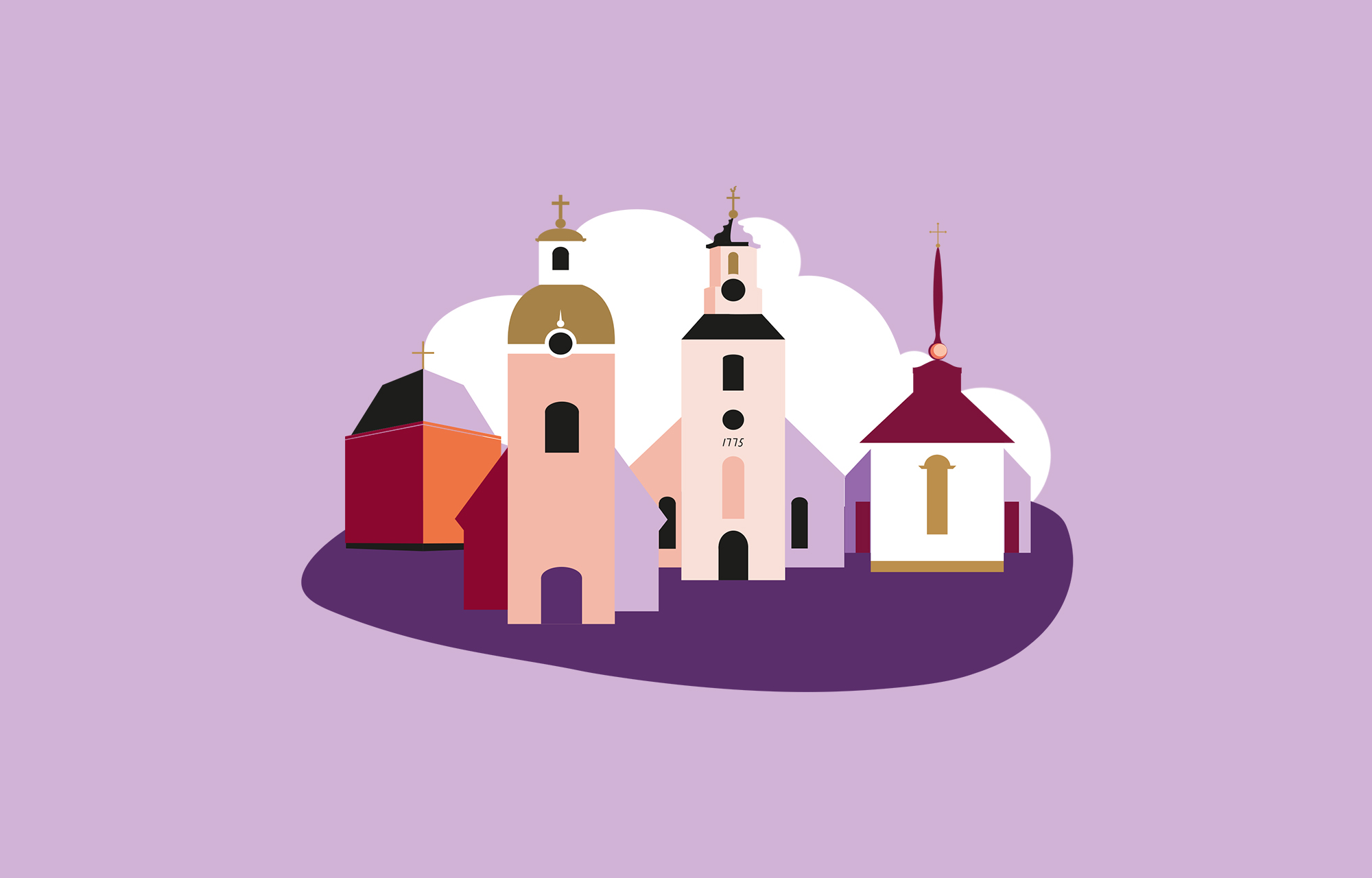 Illustration av kyrkorna i Valbo-Hedesunda pastorat.