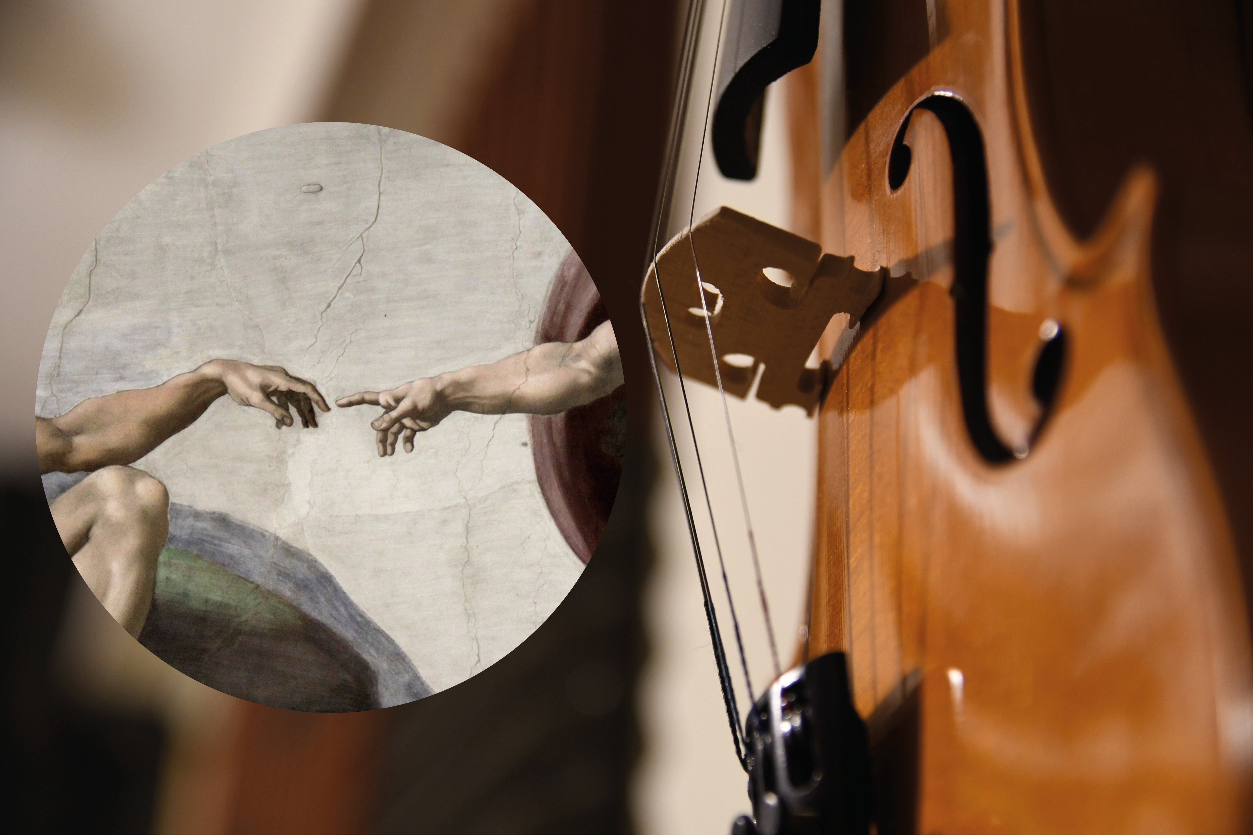 Fingrarna som snuddar varandra ur "Adams skapelse", takfresk i Sixtinska kapellet, målad av Michelangelo, på en bakgrund av en inzoomad violin