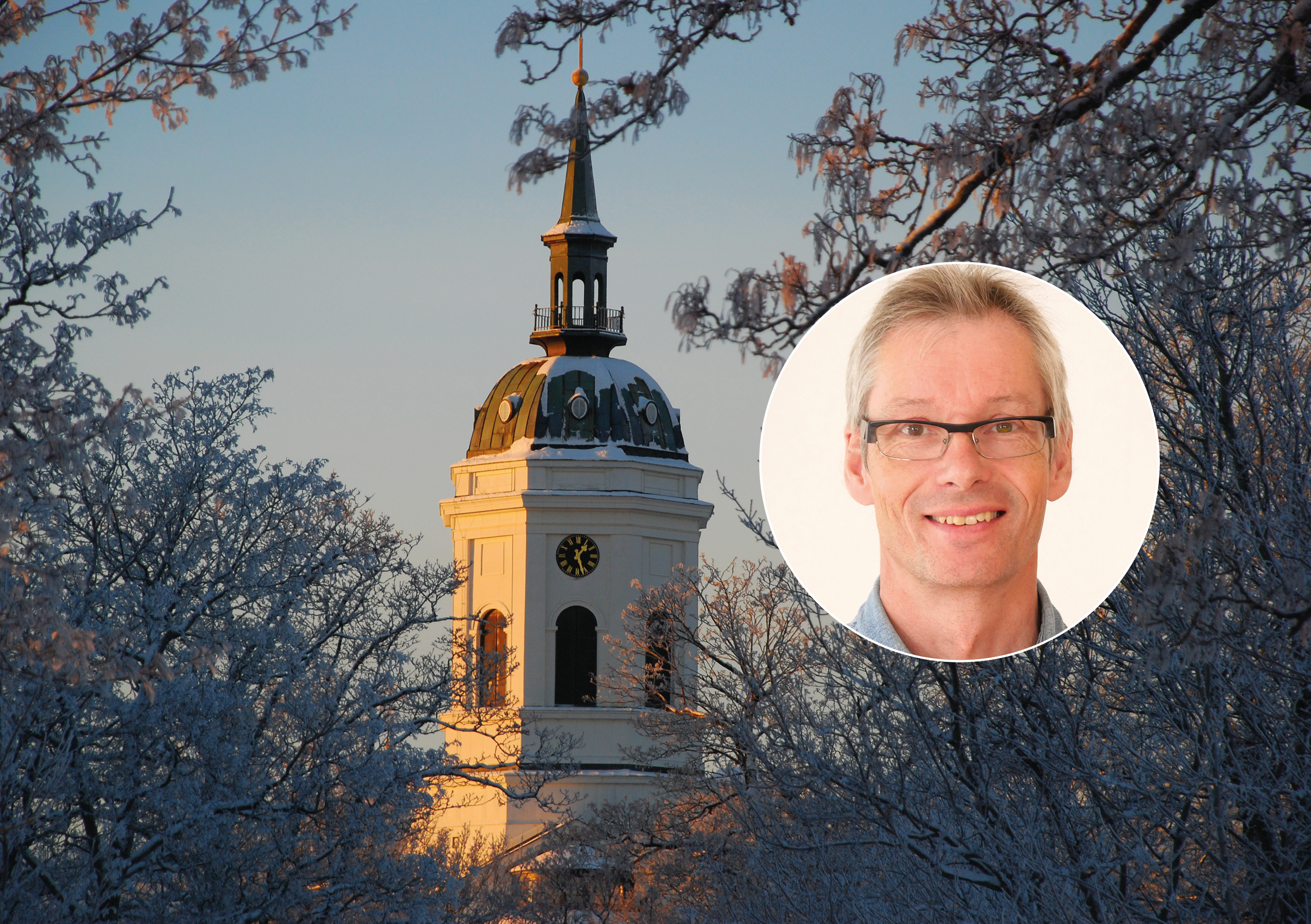 Vintervackert torn av Härnösands domkyrka med inklippt porträttbild av Lars Eriksson