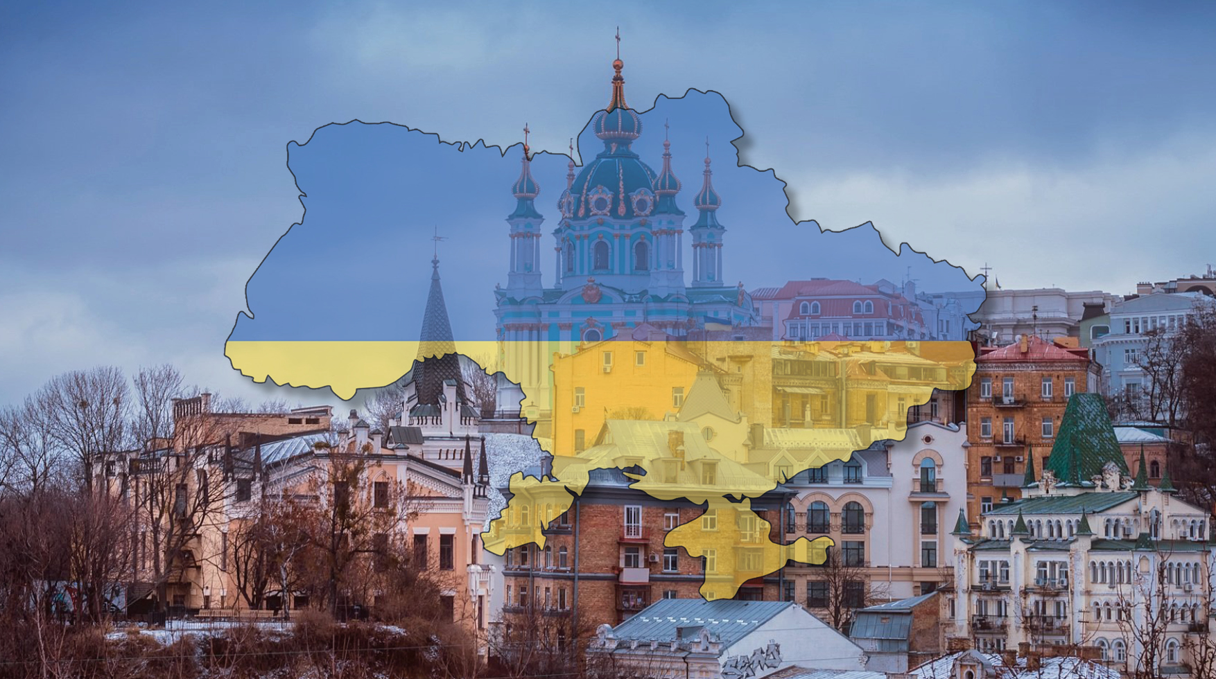 Stadsvy Kiev med Ukrainas kartbild ifylld med flaggans färger tonat i förgrunden