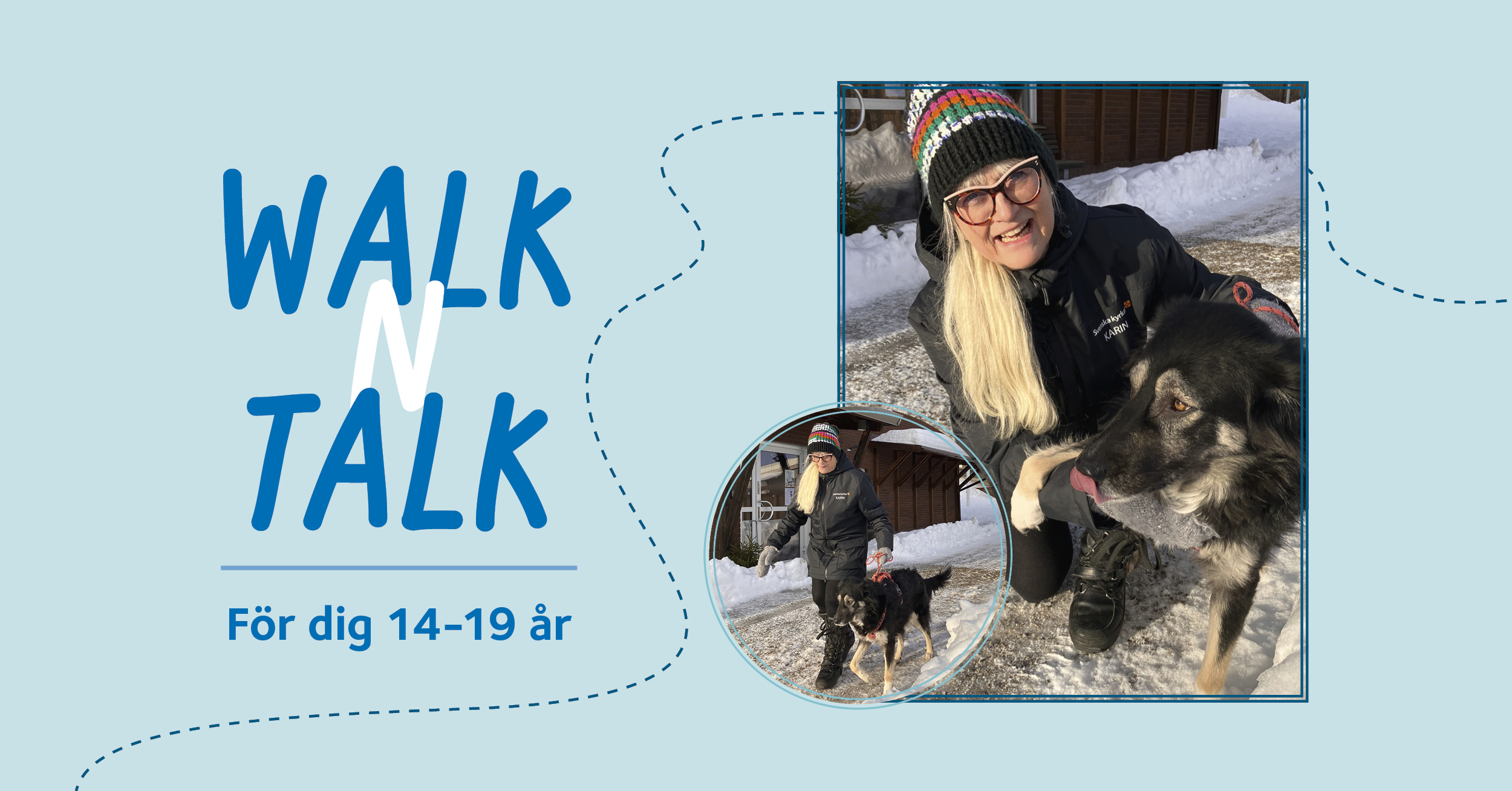 Leende församlingspedagog med sin hund på en vintrig gångväg