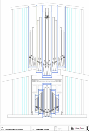 Ritning nya orgeln i Uppenbarelsekyrkan