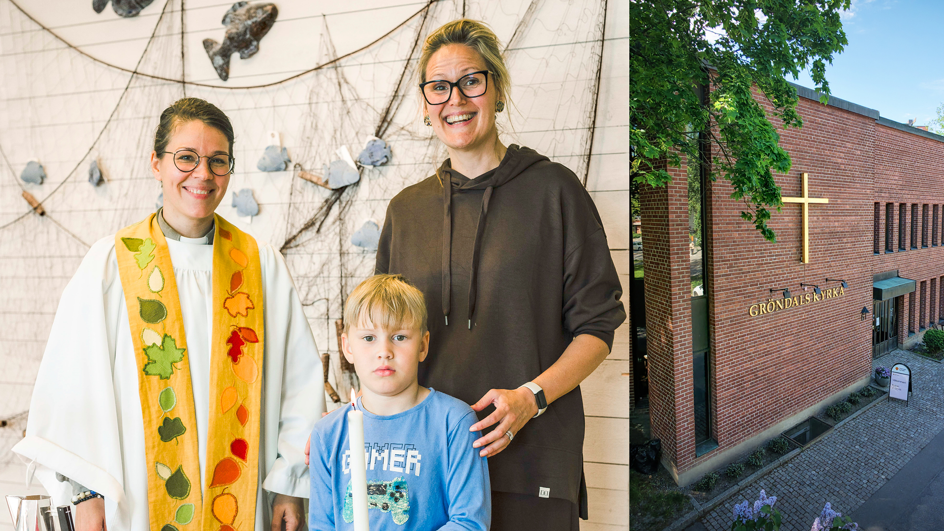 Mamma och son vid dop i Kvarterskyrkan på kajen samt en bild på Gröndals kyrka.