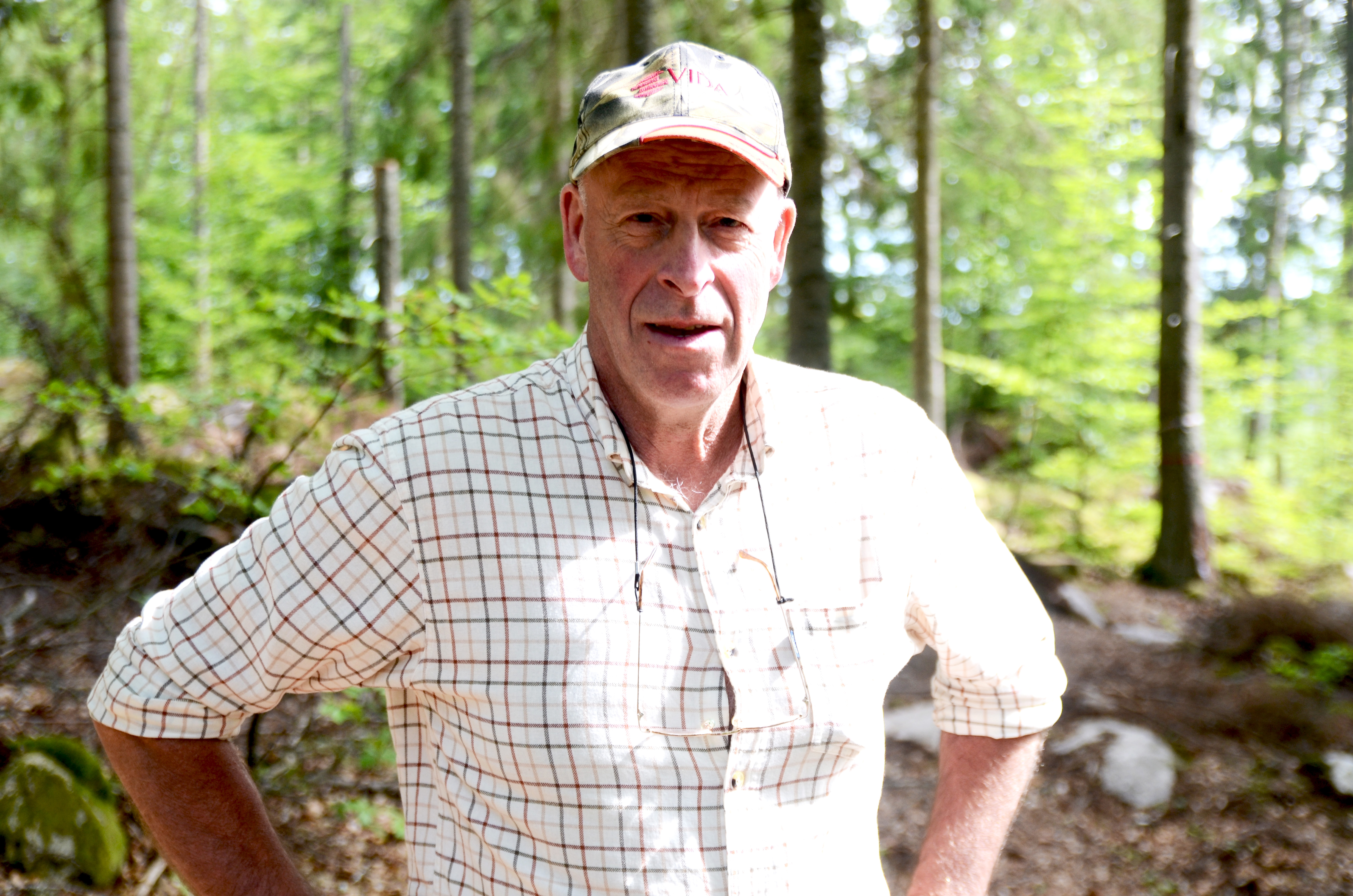 Bernt Fransson i halvfigur. Han bär en rutig skjorta och en keps och håller händerna mot sidorna. Han står i grön lövskog och solen belyser hans vänstra sida.