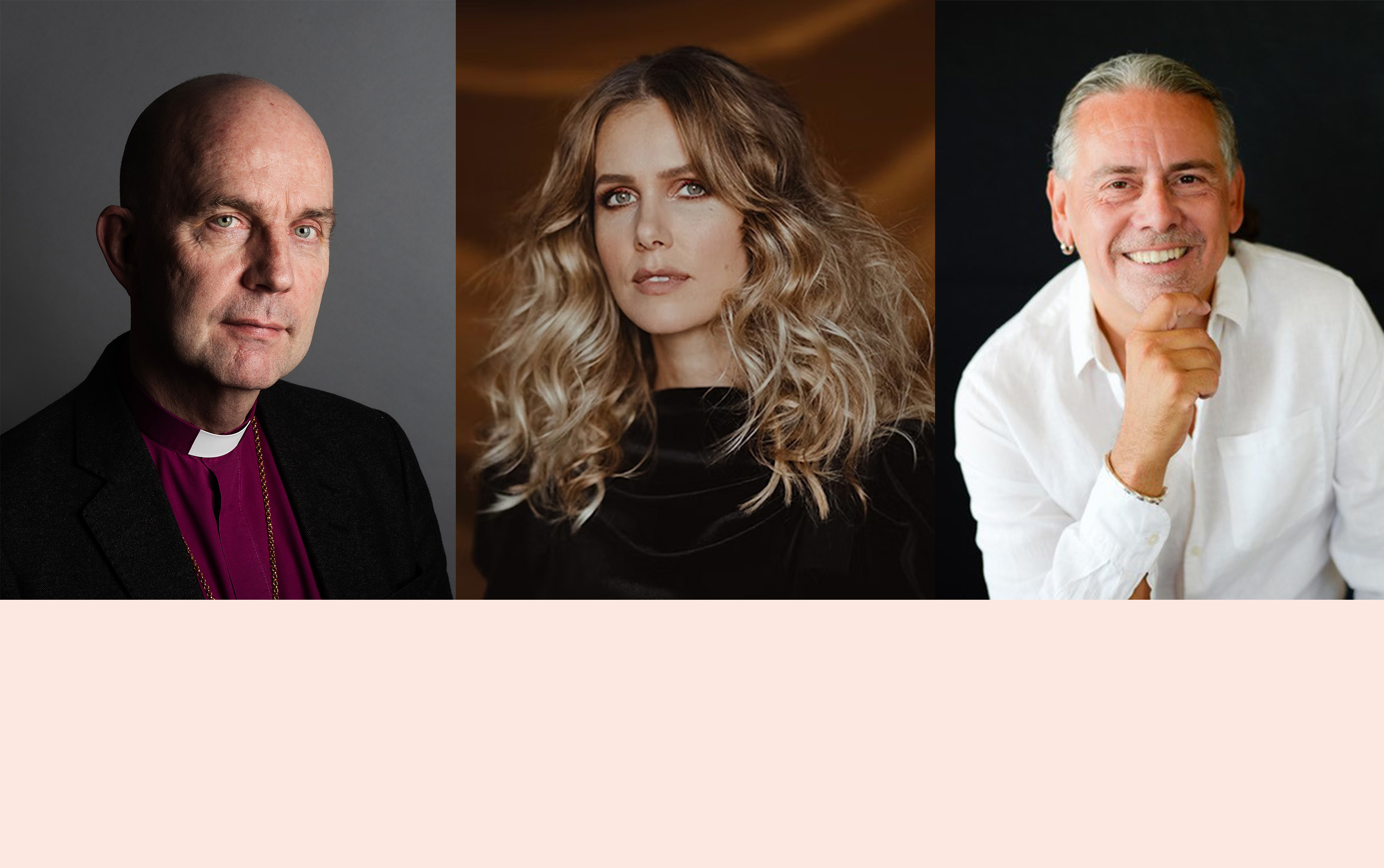 Collage med tre porträtt, från vänster biskop Fredrik Modéus, författaren Victoria Larm och Christer Sturmark.