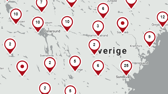 Bild från Hitta din lokal, som visar en karta med utsatta förtidsröstningslokaler