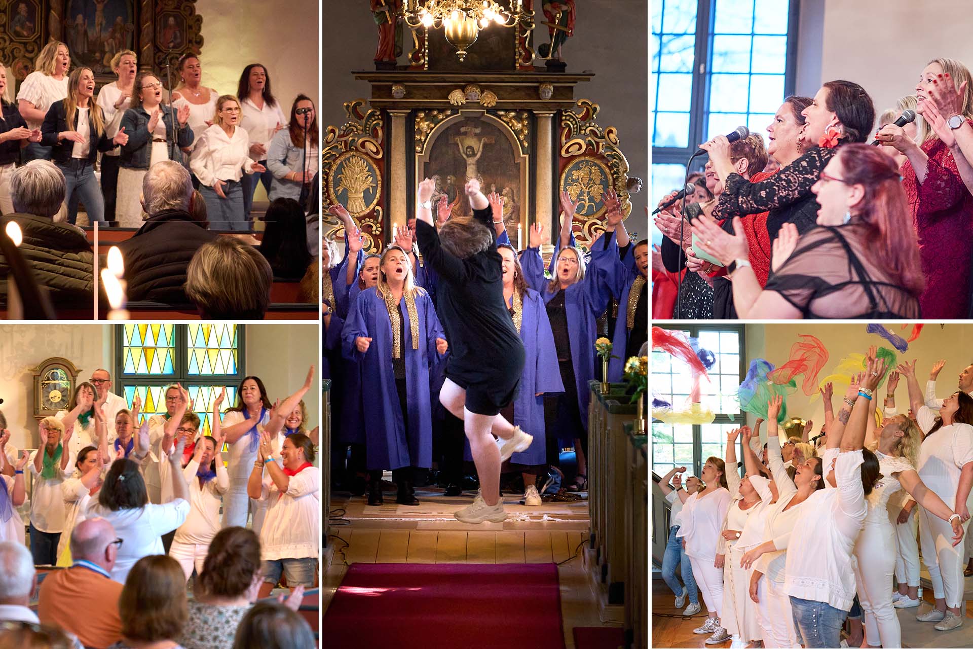 Ett kollage som visar fem bilder från Sound of Joys körframträdanden.