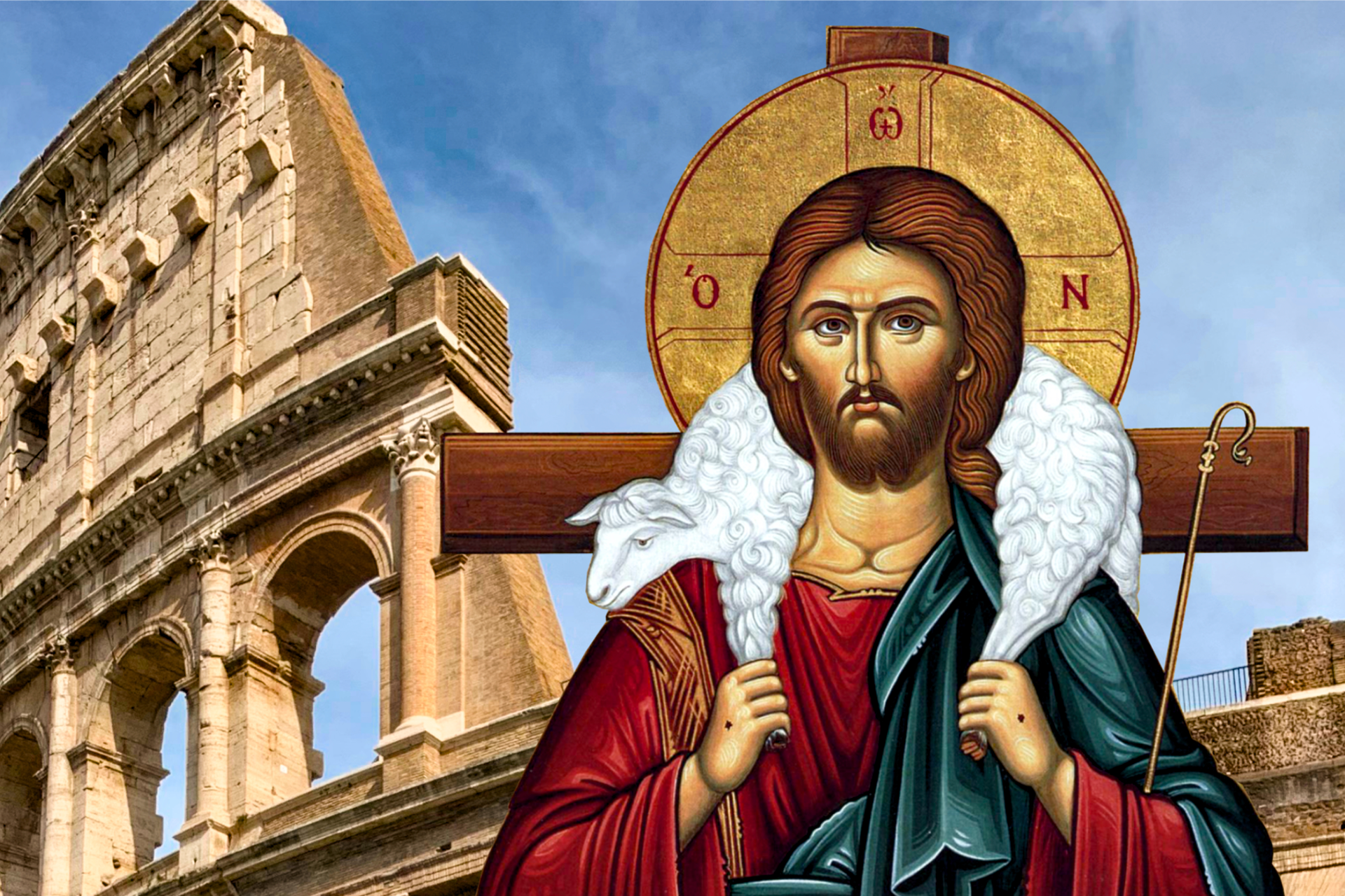 Jesus och lammet inklippta framför Colosseum i Rom