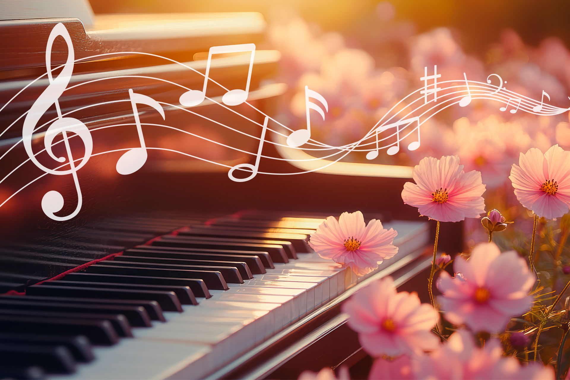 Ett pianoklaviatur omgivet av rosa blommor i varmt kvällsljus.