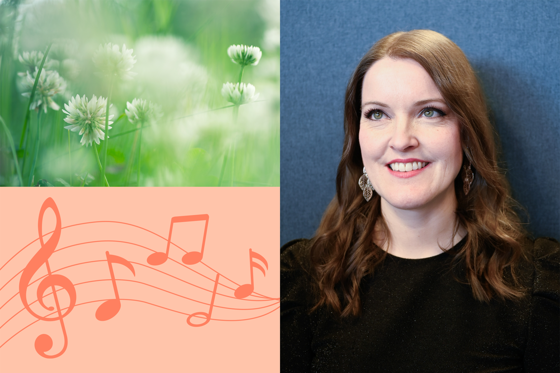 Kollage av sångerskan Josefin Lidén, noter och en äng med klöverblommor.