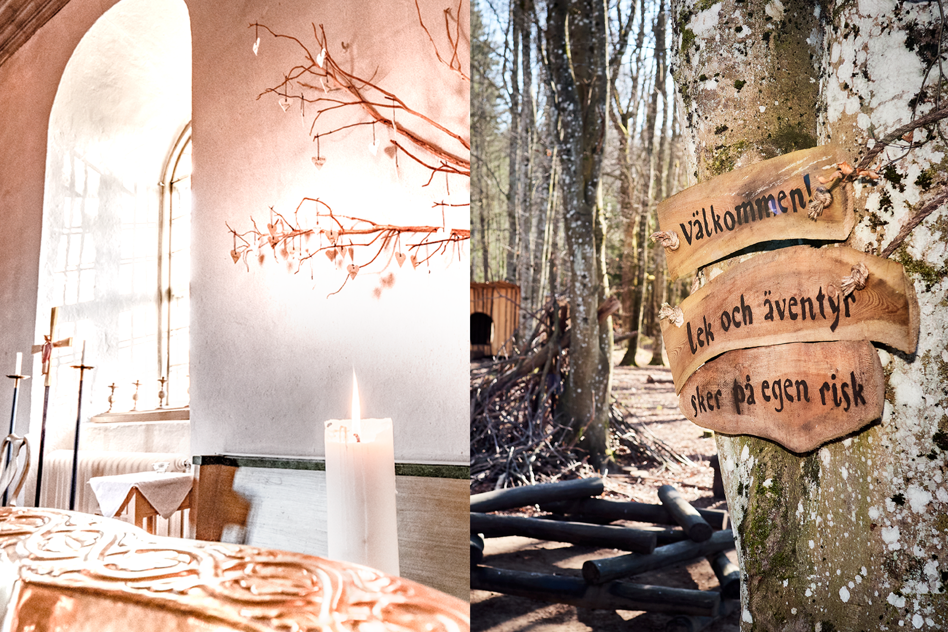 Kollage av bild från Landvetter kyrka och Farmor Lillys Äventyrsskog. 