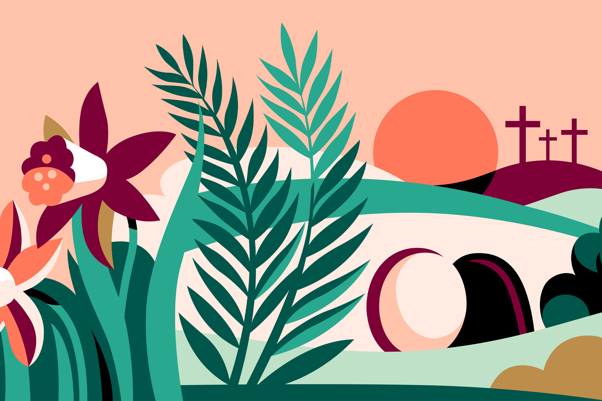 Illustration av Jesu tomma grav där stenen är bortrullad. Omgiven av ett grönskande landskap och i fjärran ser vi tre tomma kors. 