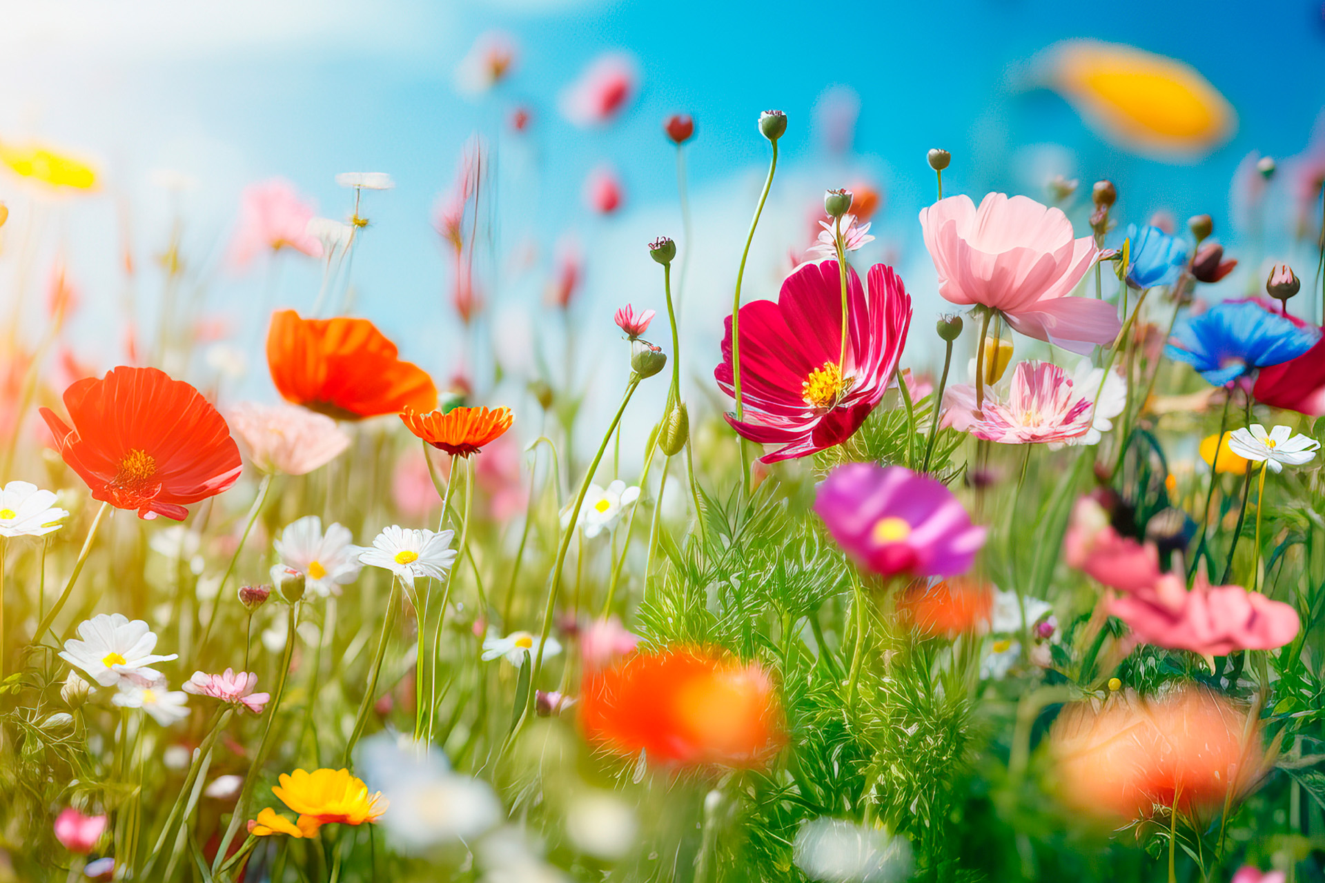 En äng med färgglada blommor mot blå sommarhimmel.