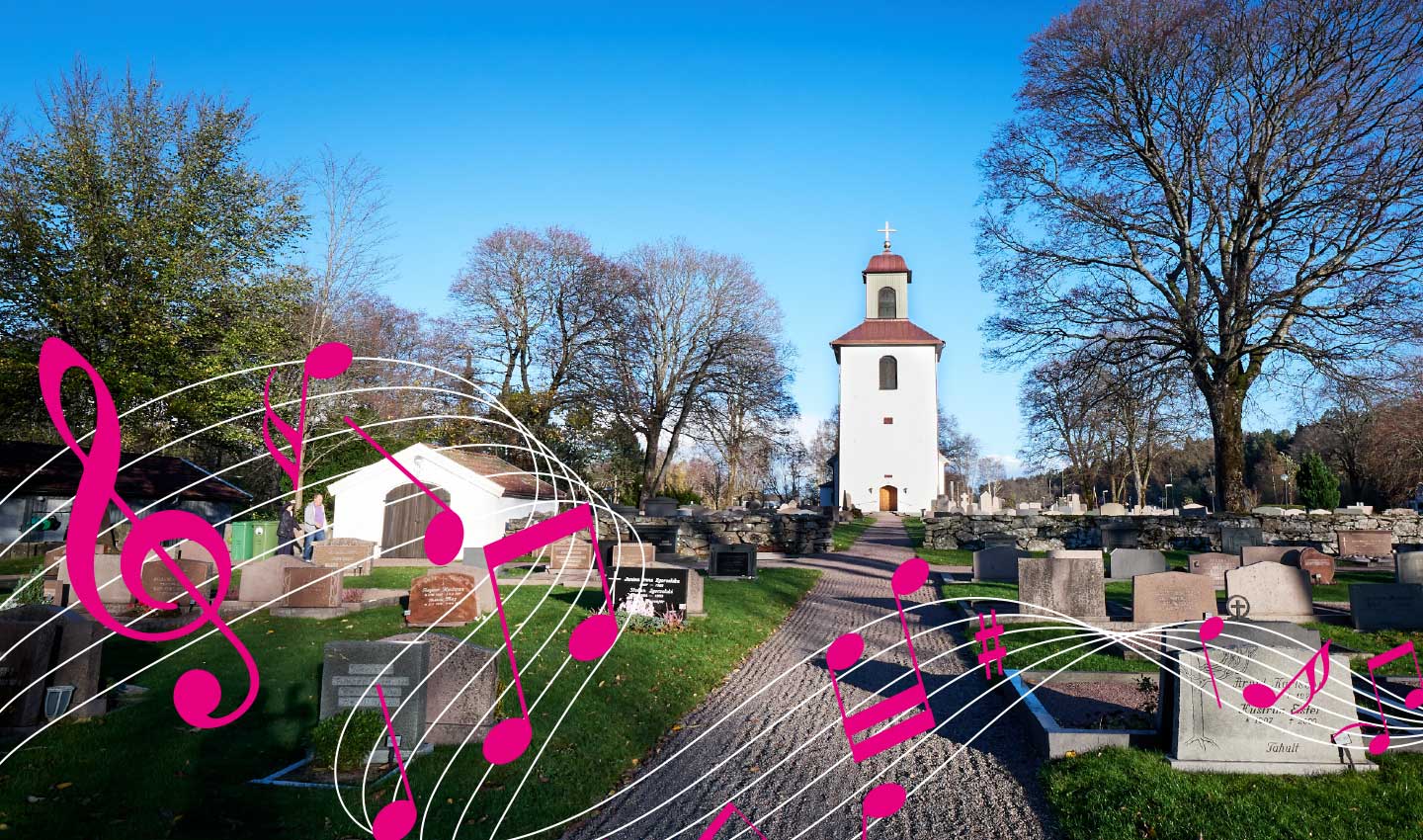 Landvetter kyrka. En vitkalkad kyrka från 1830-talet. Ovanpå bilden är inmonterat rosa noter i ett notsystem.