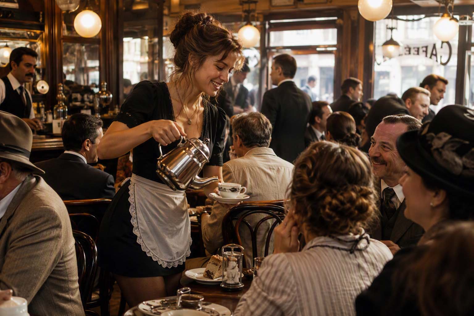 En servitris som serverar kaffe i ett fullt café