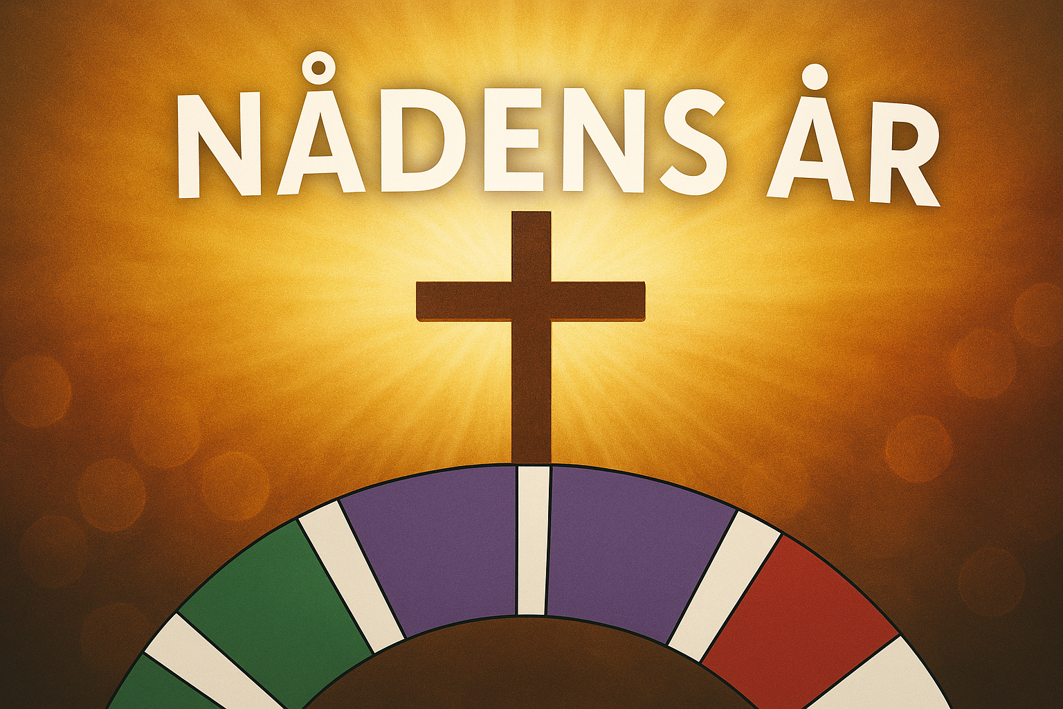 Ett centrerat kors på en halvcirkel med kyrkoårets färger och en guldskimrande bakgrund