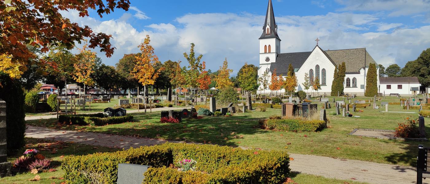 En kyrkogård i höstfärger med kyrkan i bakgrunden.