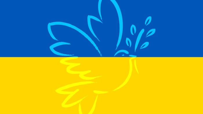 Ukrainas flagga med en infälld fredsduva