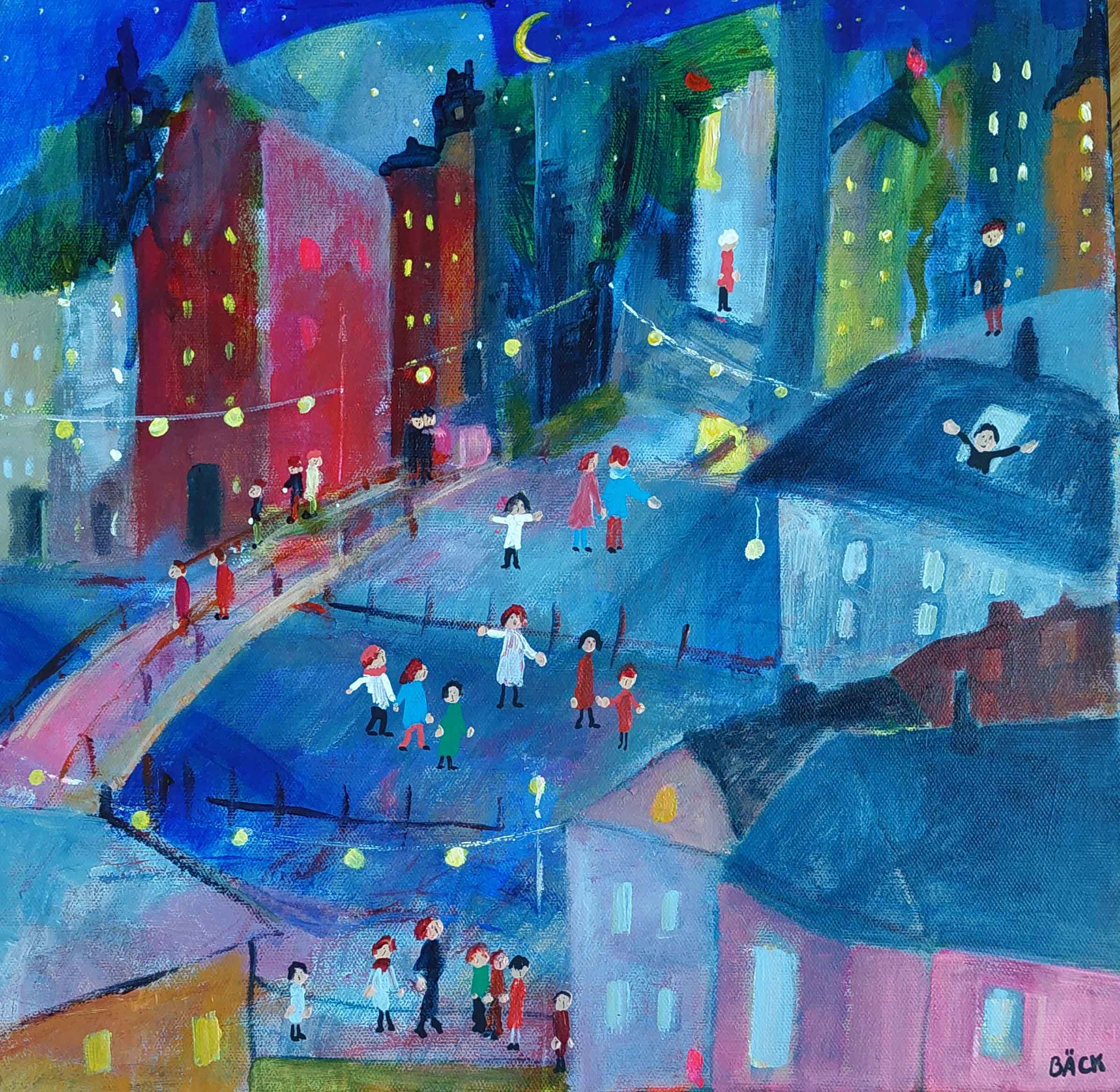 färgglad målning av byggnader och människor 