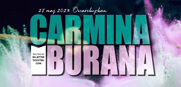 Texten Carmina burana i varma och kalla färger. En trumstock som slår i bakgrunden.