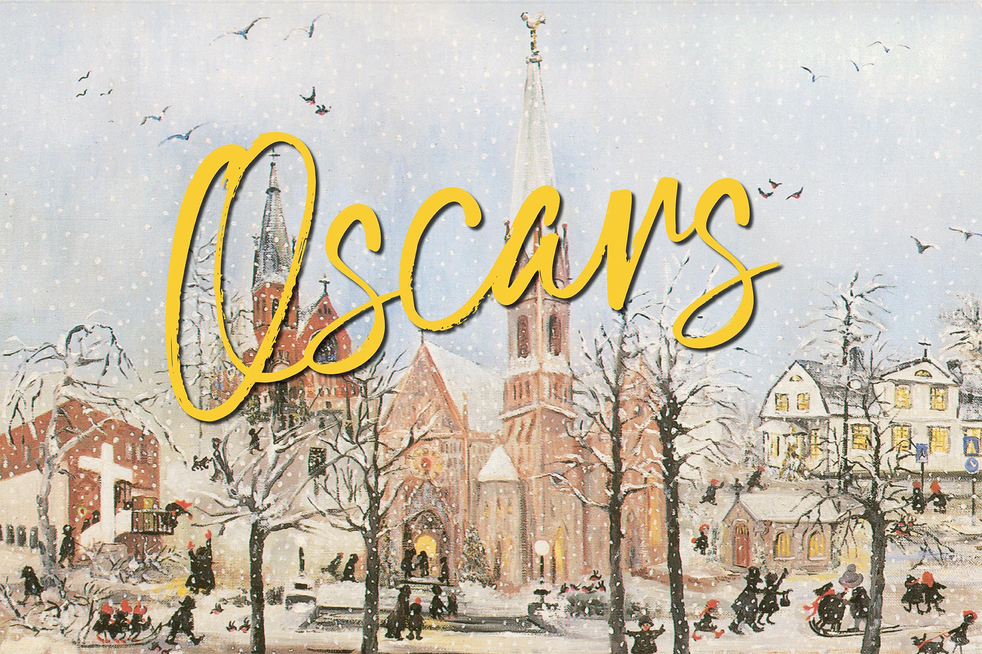 Illustration över församlingens kyrkor i vinterskrud.