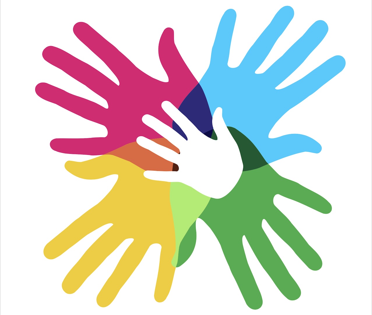 Händer i färgerna rosa, ljusblå, gult och grönt