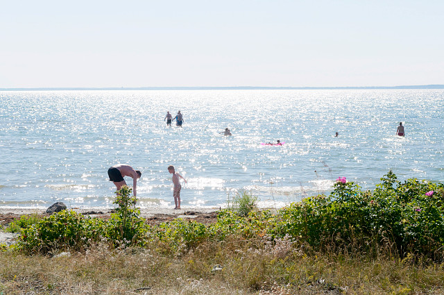 Människor som badar i långgrunt vatten på en strand.