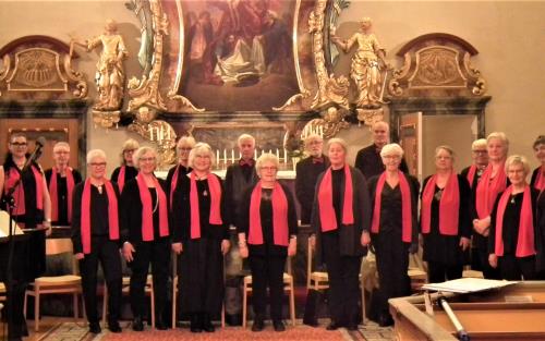 Körmedlemmar uppställda i koret i Multrå kyrka. Samtliga bär svarta kläder. Damerna har röd halsduk och herrarna röd fluga. 