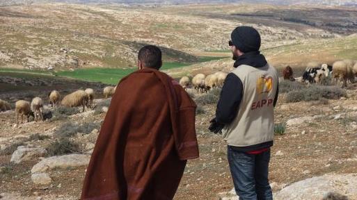 En följeslagare pratar med en man som vaktar sina får. 