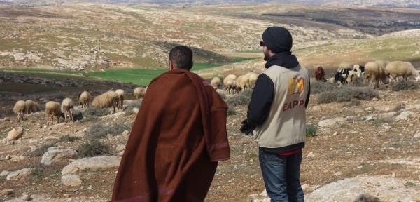 En följeslagare pratar med en man som vaktar sina får. 