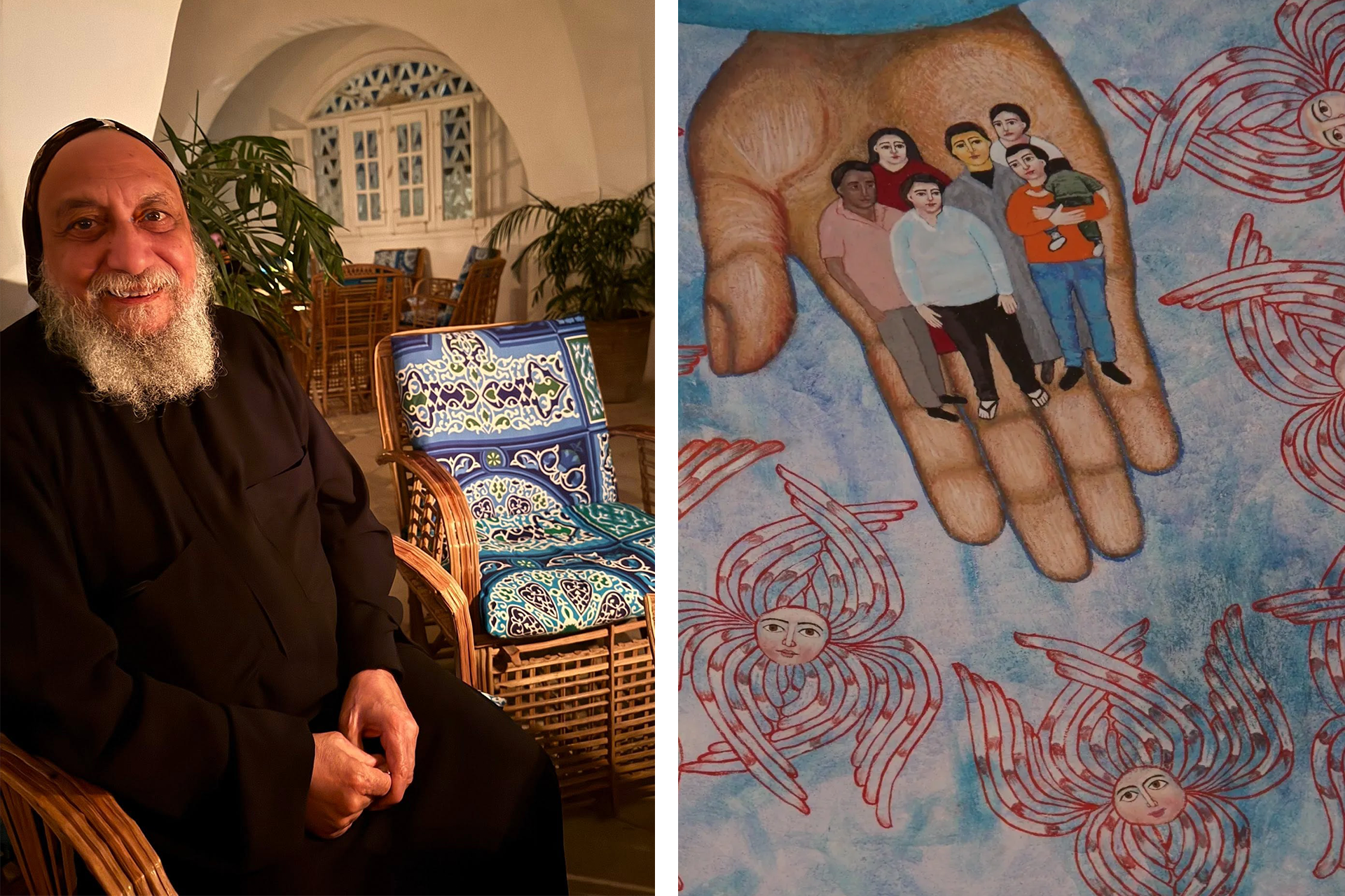 till vänster en bild av biskop thomas sittande i en korgstol. till höger en målning föreställande människor som ryms i en stor hand